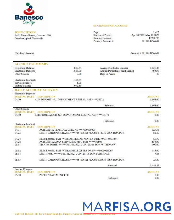 Realistic Venezuela Banesco bank statement word template